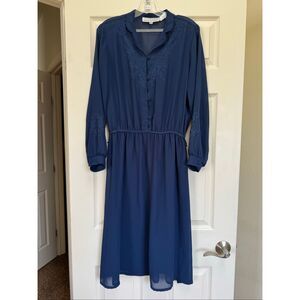 Maurada dress size 14 semi sheer navy blue long sleeve floral embroidery cottage